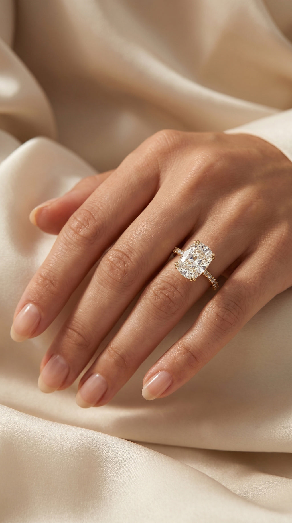 Cushion Cut Diamond Pave Side Stone Engagement Ring
