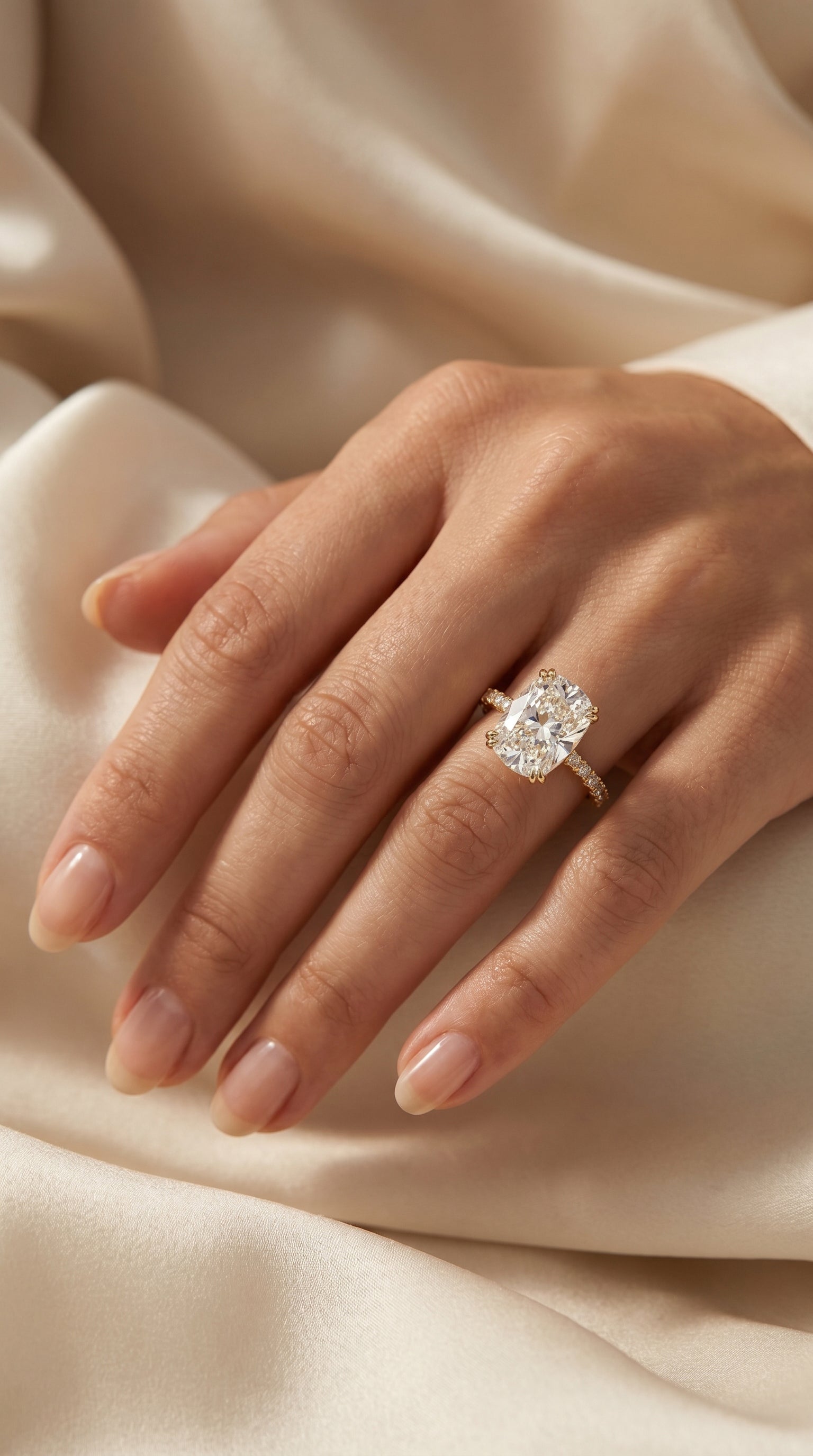 Cushion Cut Diamond Pave Side Stone Engagement Ring