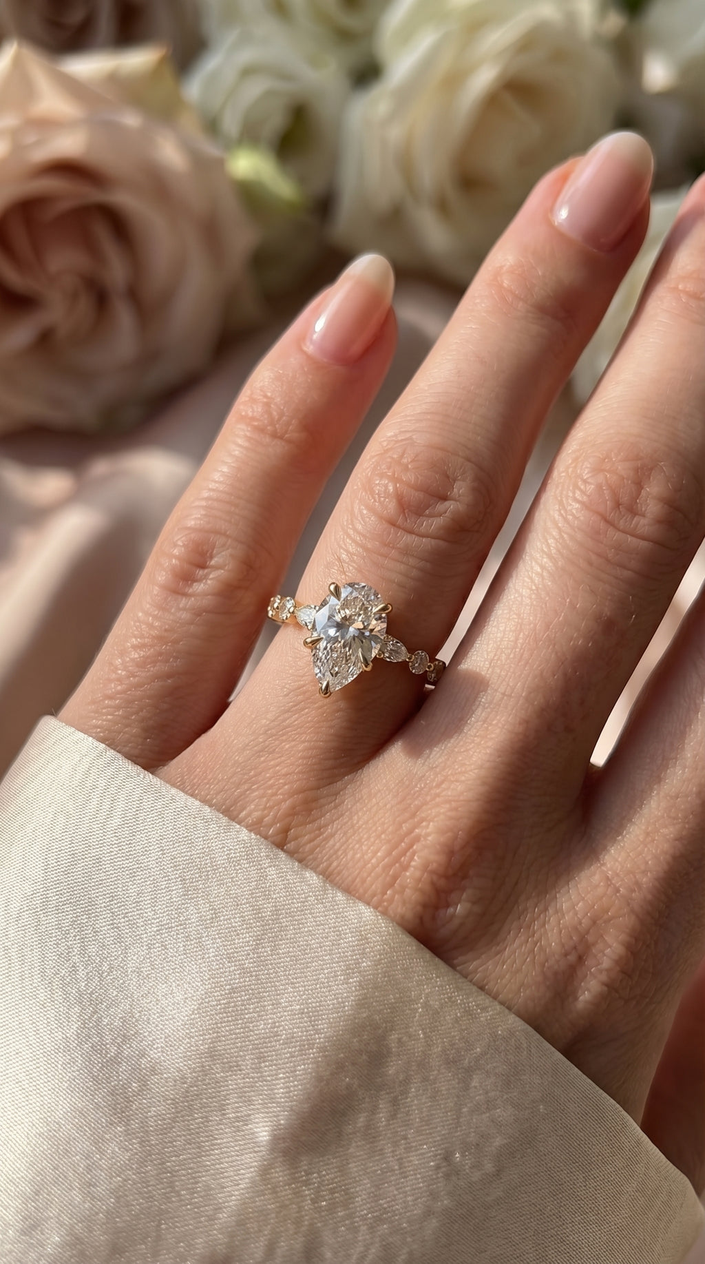 Elegant Pear Cut Diamond Side Stones  Engagement Ring
