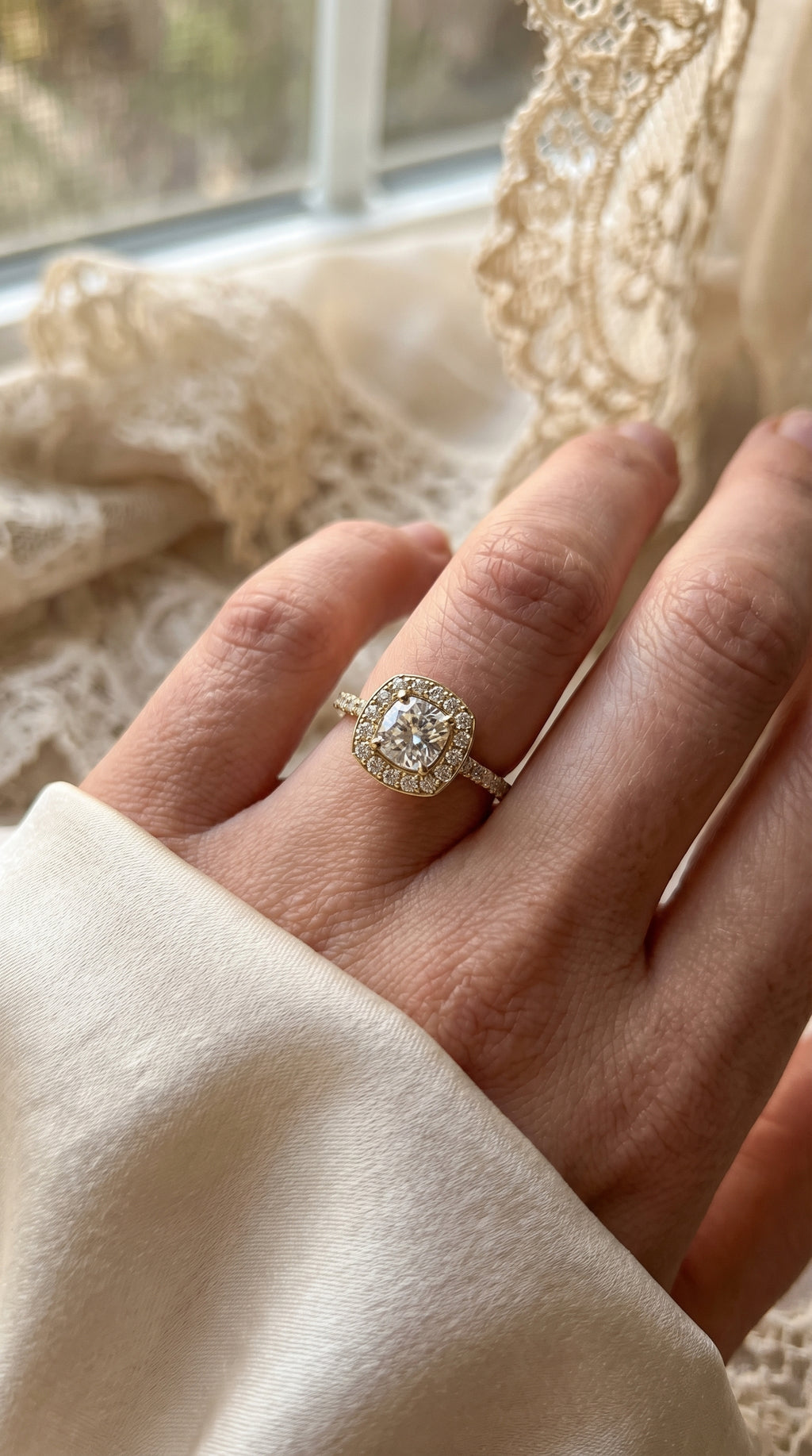 Elegant Cushion diamond Side Stone engagement ring