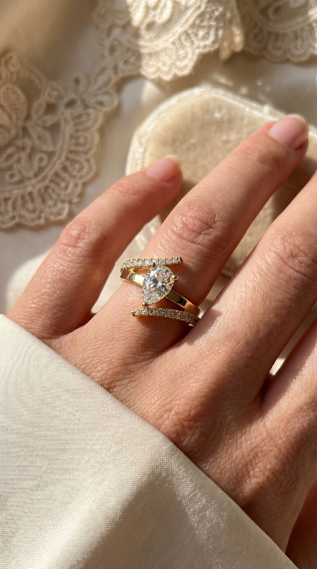 Elegant Pear-Cut Diamond Bypass Side Stone Engagement Ring