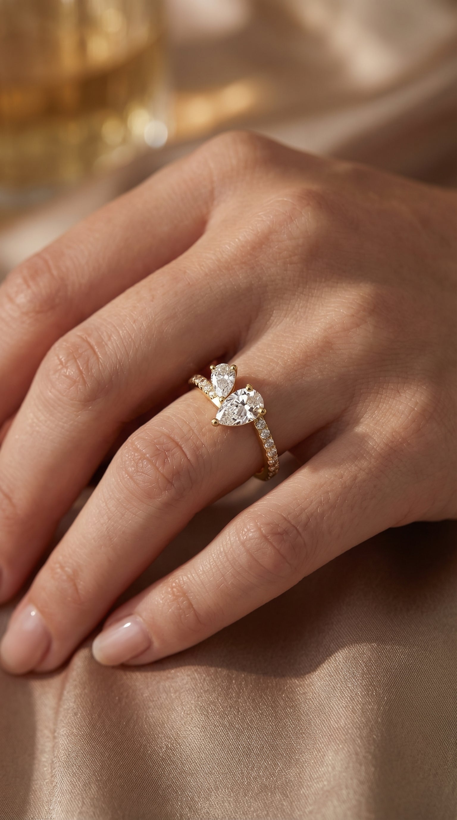 Two-Stone Pear Shaped Diamond Bypass Side Stone Engagement Ring 
