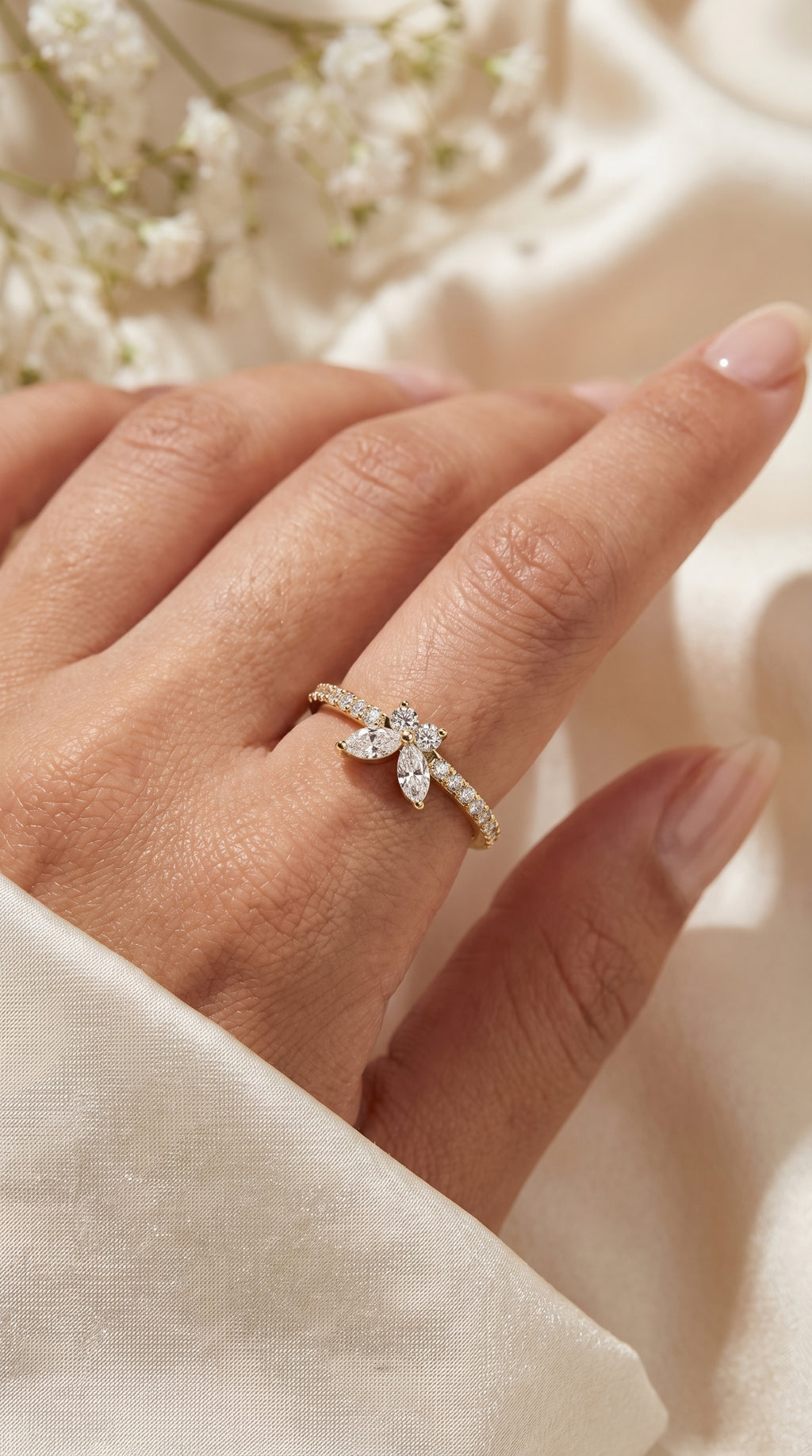 Elegant Floral Marquise and Round Diamond Ring