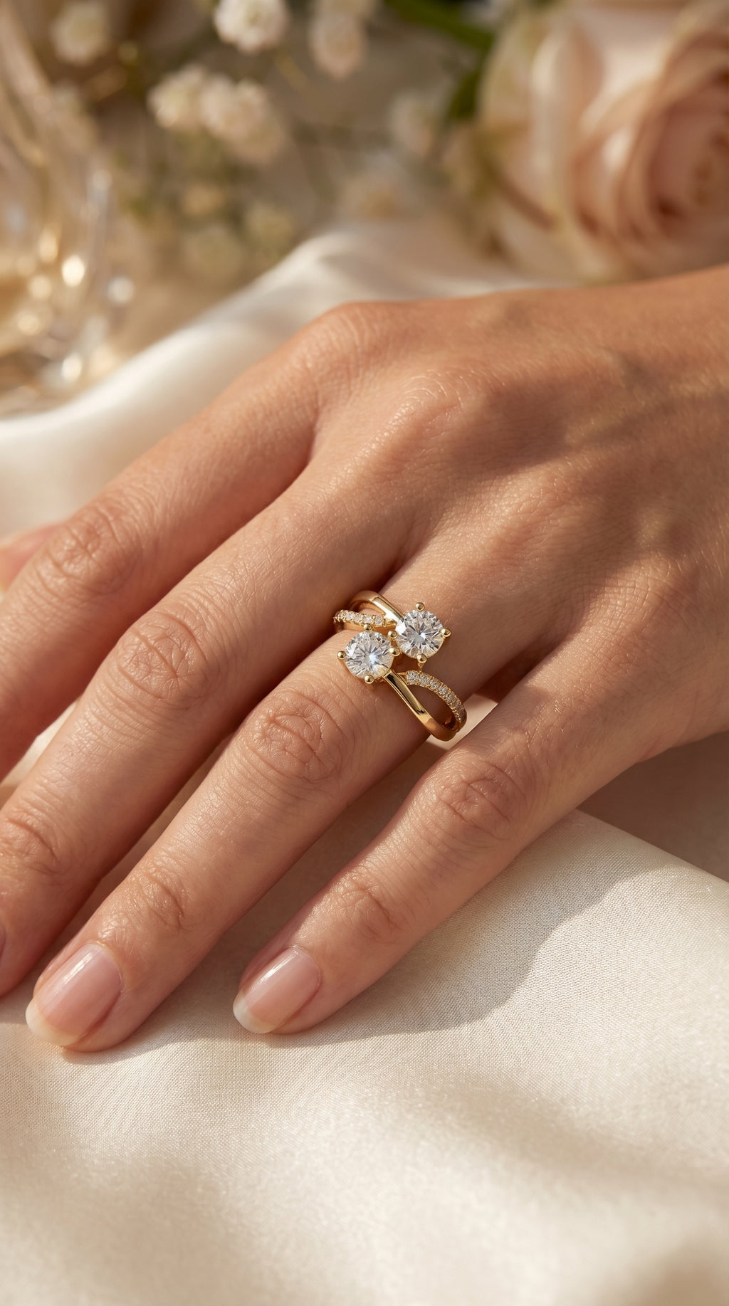 Elegant Two-Stone Diamond Split Shank Double Round Cut Ring with Pavé Band