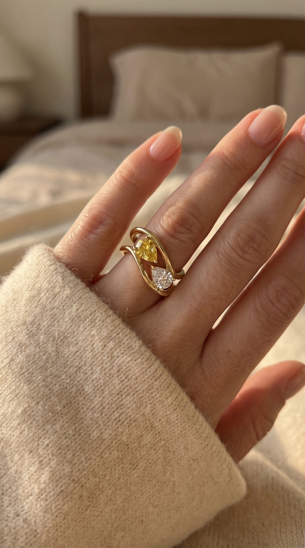 Modern Bypass Pear Cut Yellow & White Diamond Toi et Moi Ring