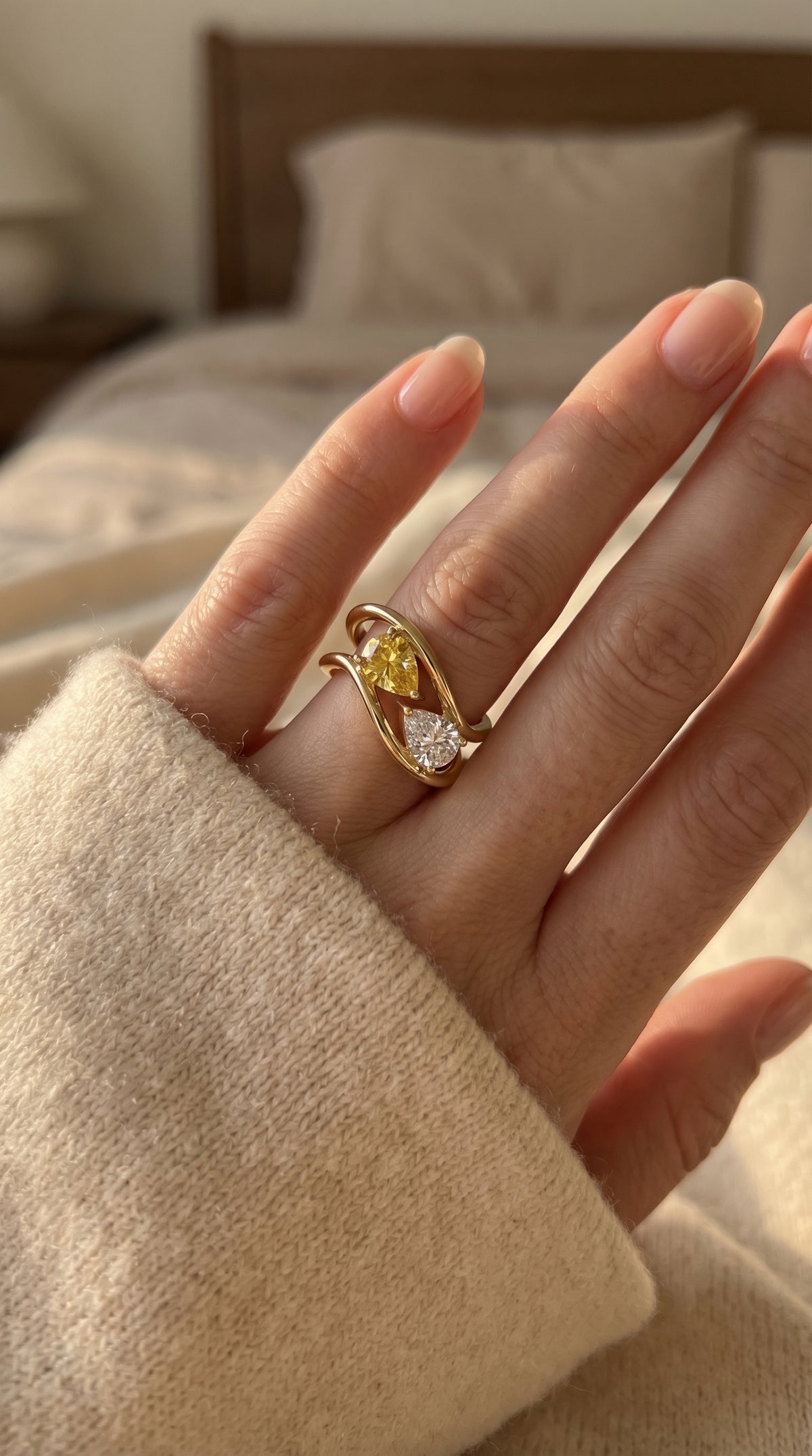 Modern Bypass Pear Cut Yellow & White Diamond Toi et Moi Ring