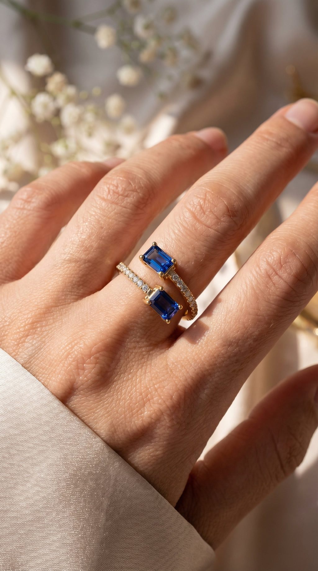 Emerald Cut Blue Sapphire Double Stone Pave Wrap Ring