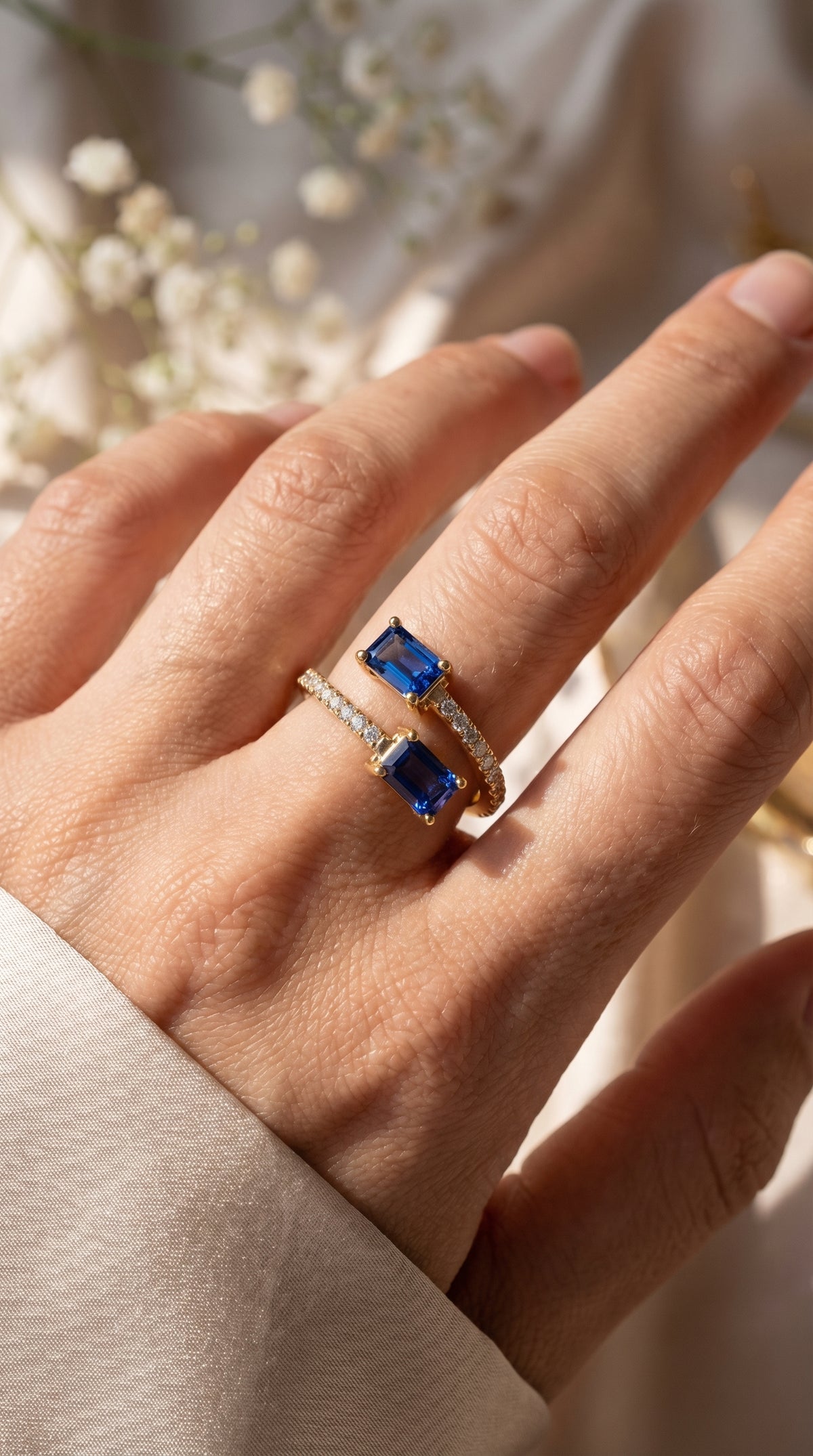 Emerald Cut Blue Sapphire Double Stone Pave Wrap Ring
