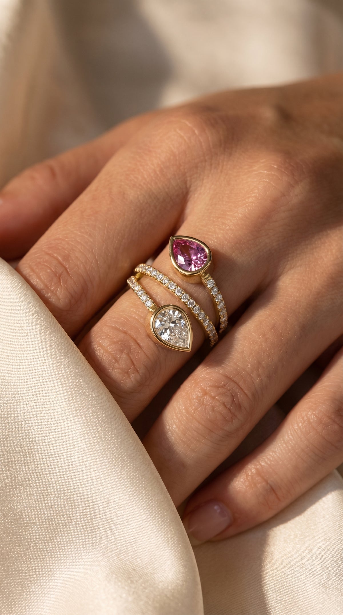 Elegant Wrap Style Dual Pear Shape Diamond Ring with Pink Gemstone
