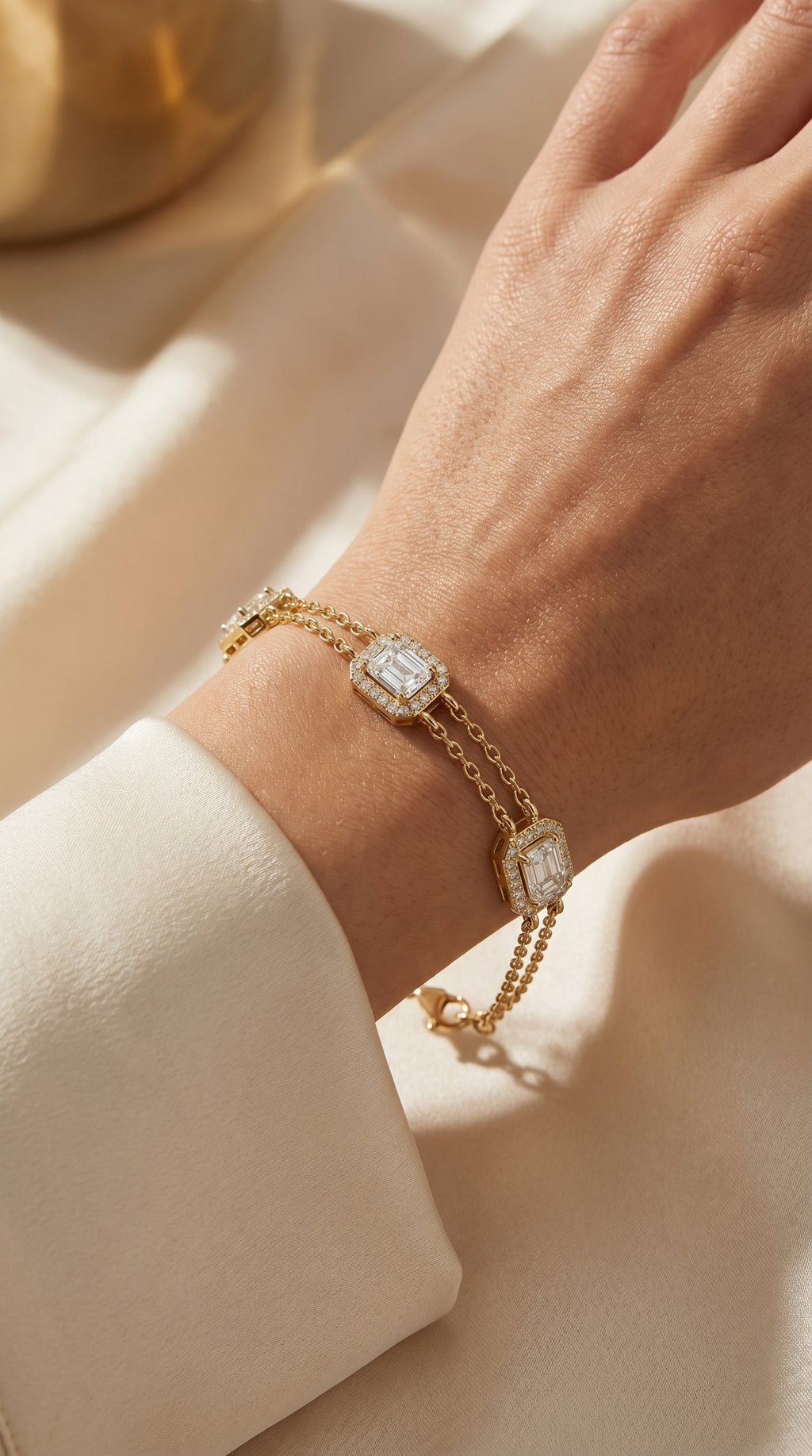 Emerald Cut Halo Diamond Double Chain Design Bracelet