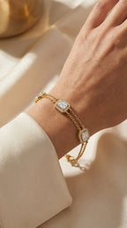 Emerald Cut Halo Diamond Double Chain Design Bracelet