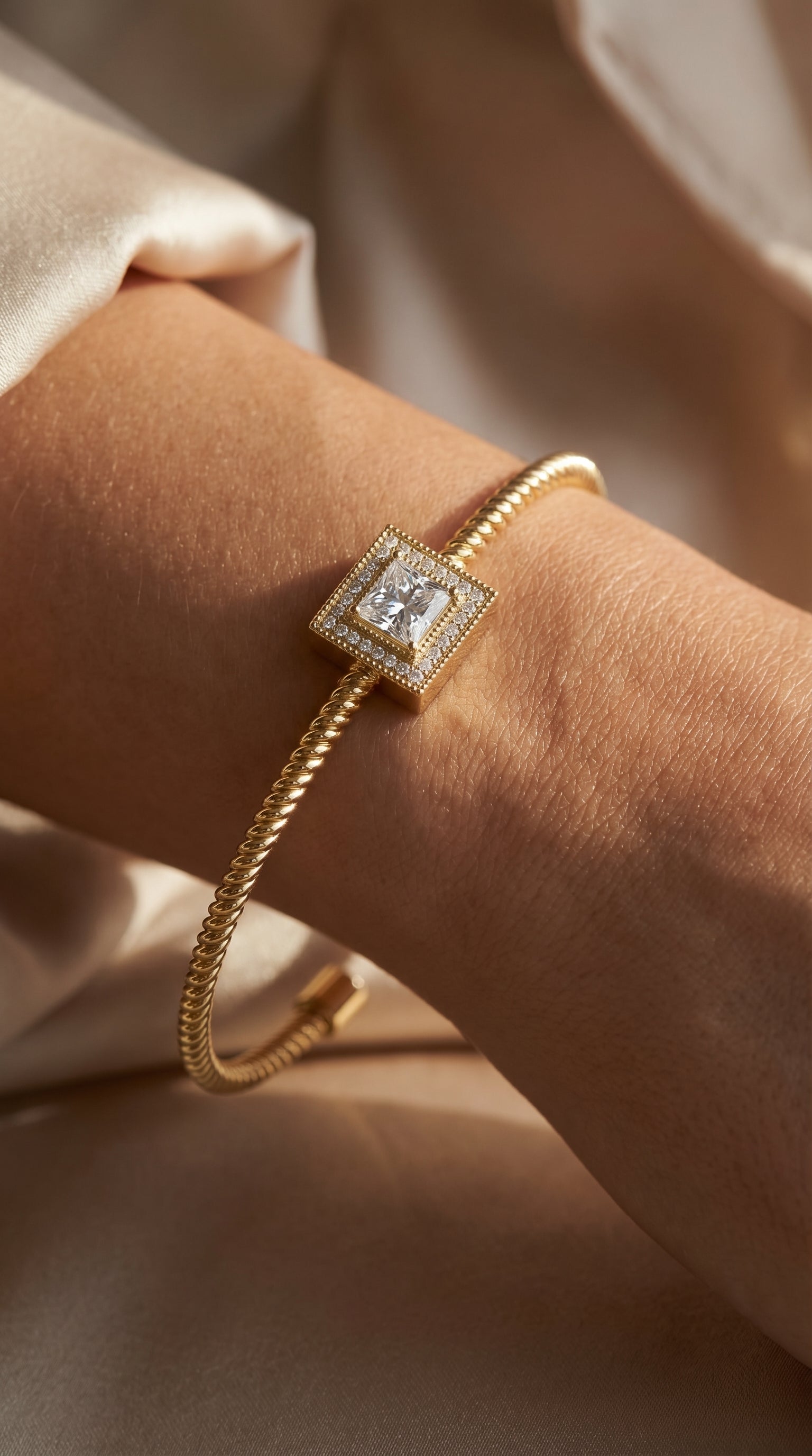Luxury Cuff Bracelet with Square Halo Princess Centerpiece