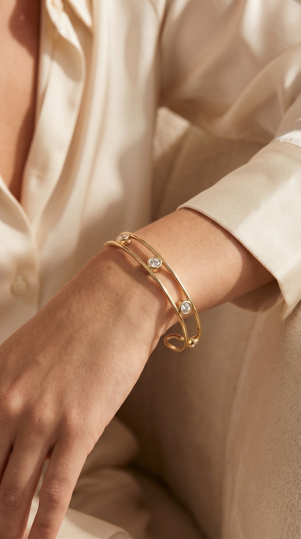 Minimalist Cuff Bracelet with Bezel Set Round Diamond