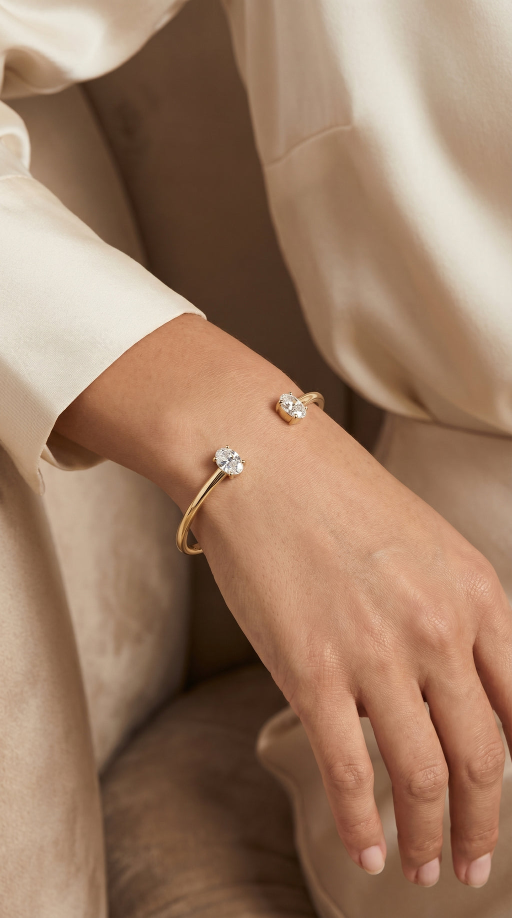  Minimalist Open Cuff Bracelet with Solitaire Oval Diamond