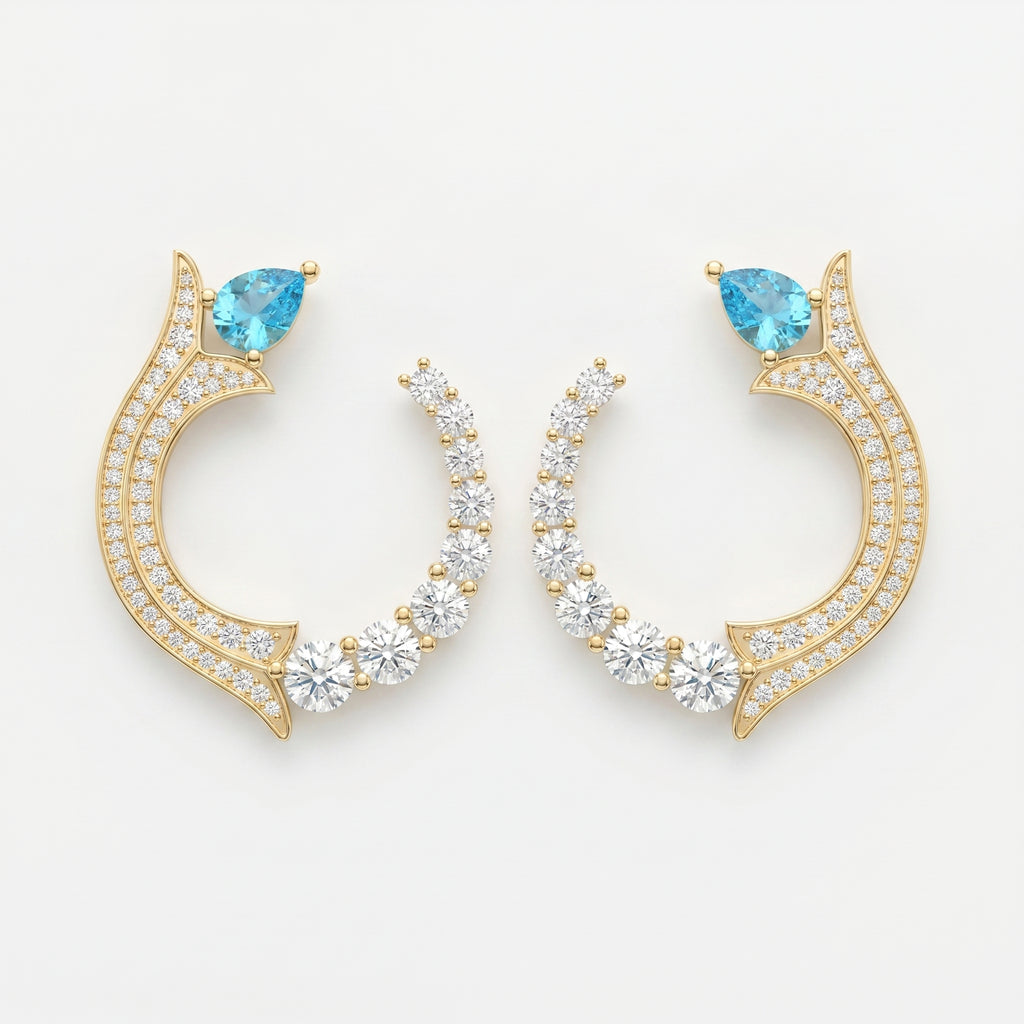luxurious Pear Cut Blue Gemstone & Round Diamond Fashion Earrings