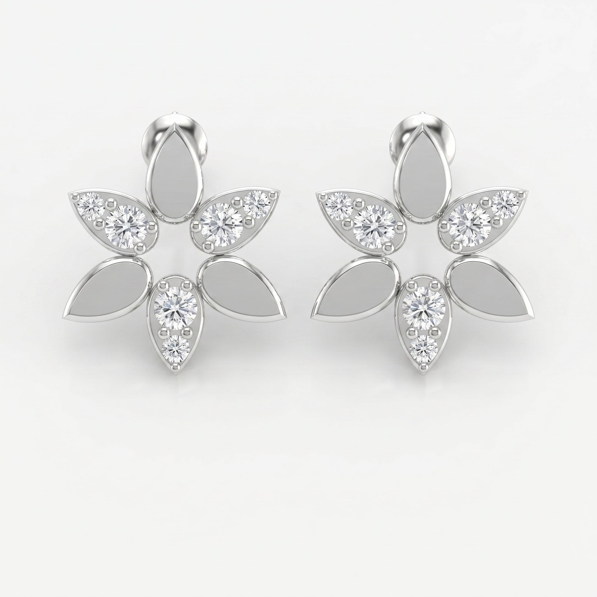 Elegant Leaf Petal Round Diamond Floral Cluster Design Earrings