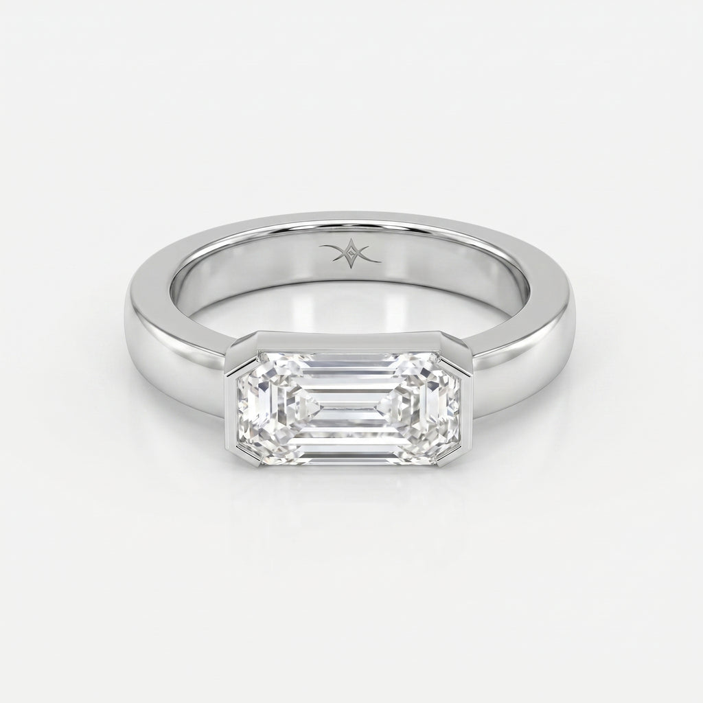Bar Channel Setting Emerald Shape Diamond Solitaire Ring
