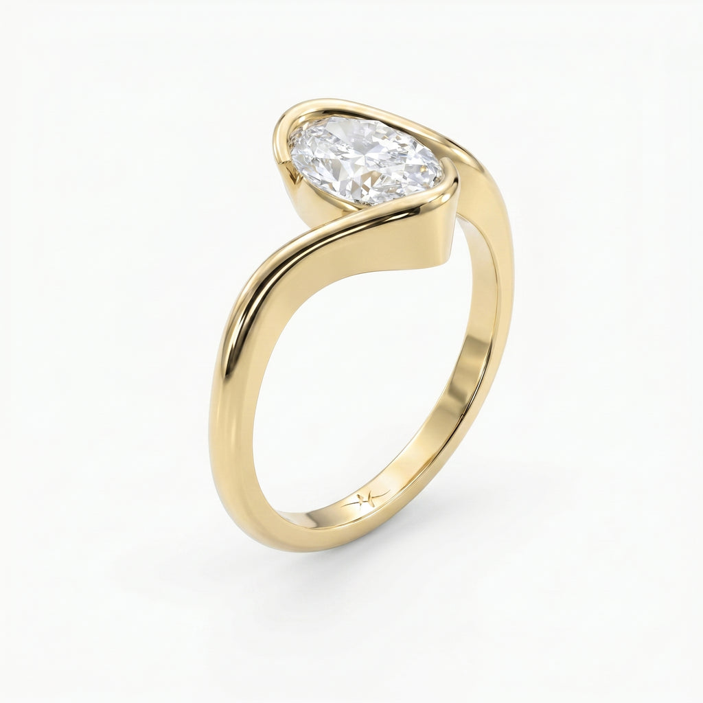 Modern Twist Bypass Design Oval Diamond Solitaire Ring