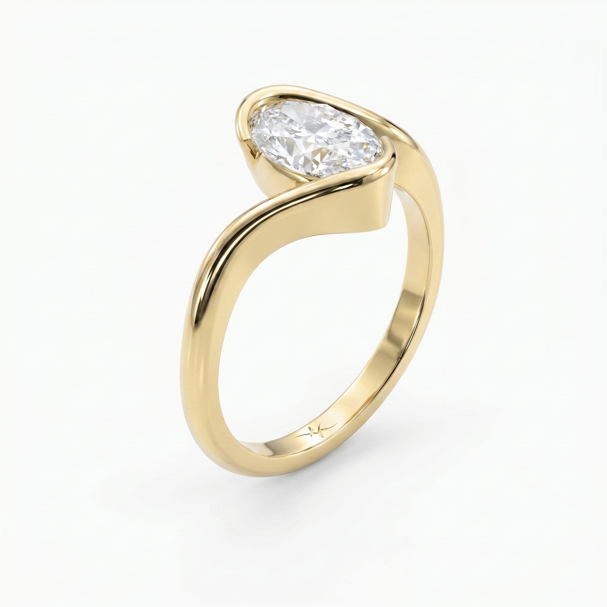 Modern Twist Bypass Design Oval Diamond Solitaire Ring