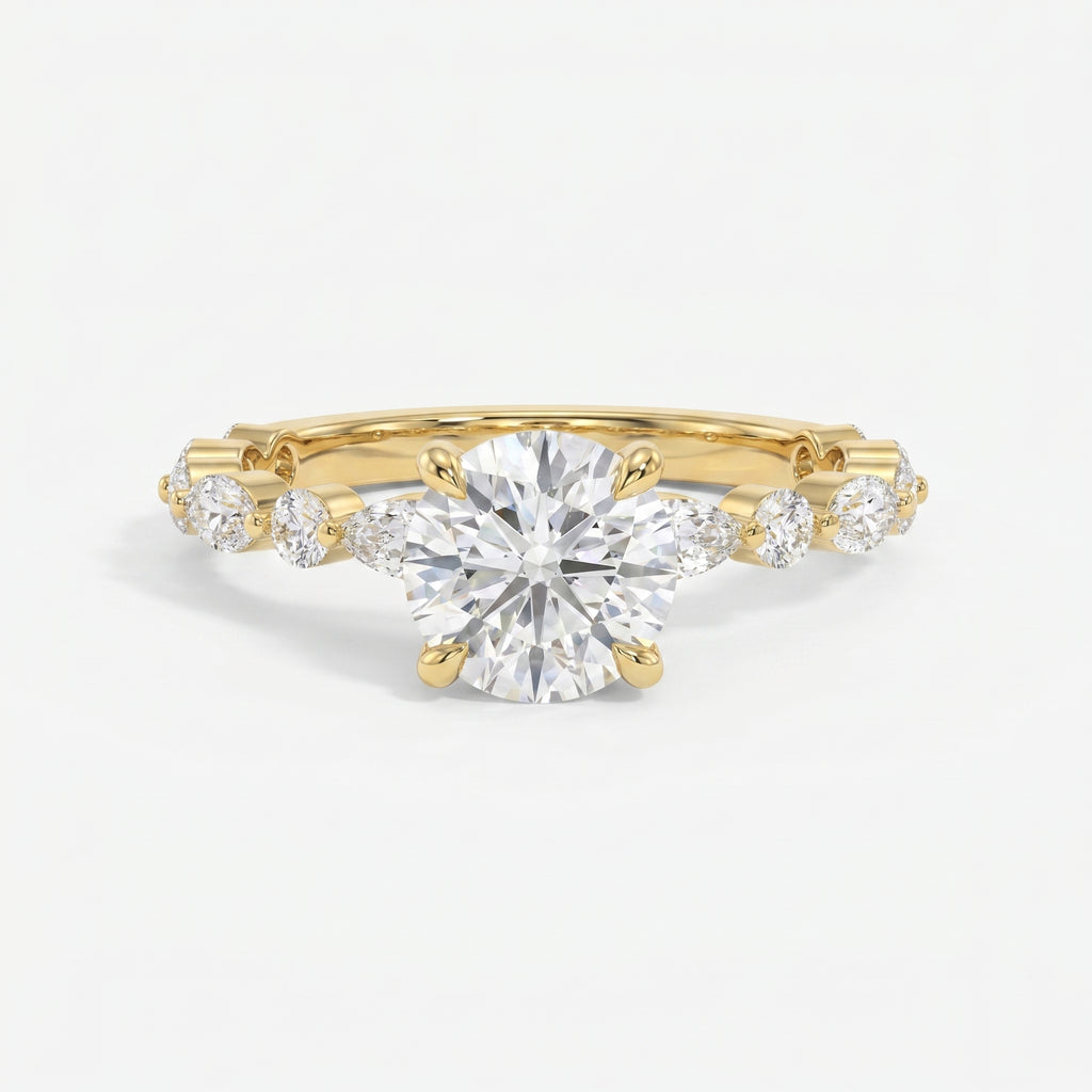 Elegant Round Prong Set Diamond Ring with Marquise Accents Side Stone Engagement Ring
