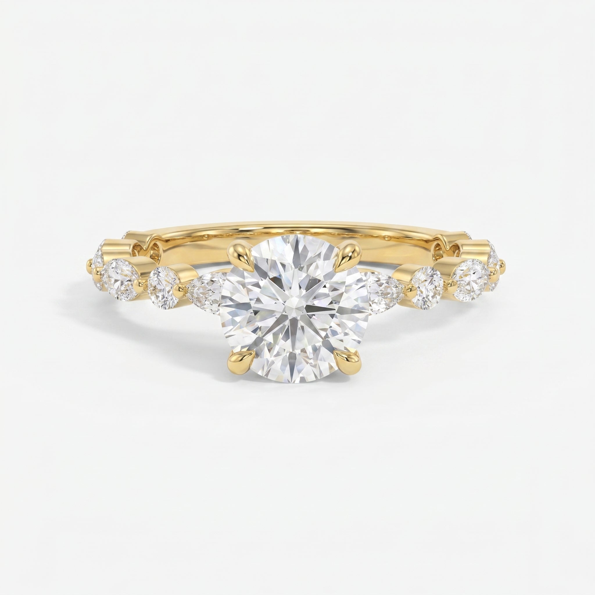 Elegant Round Prong Set Diamond Ring with Marquise Accents Side Stone Engagement Ring