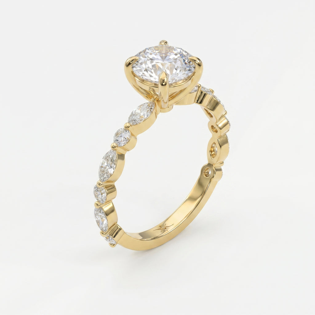 Elegant Round Prong Set Diamond Ring with Marquise Accents Side Stone Engagement Ring