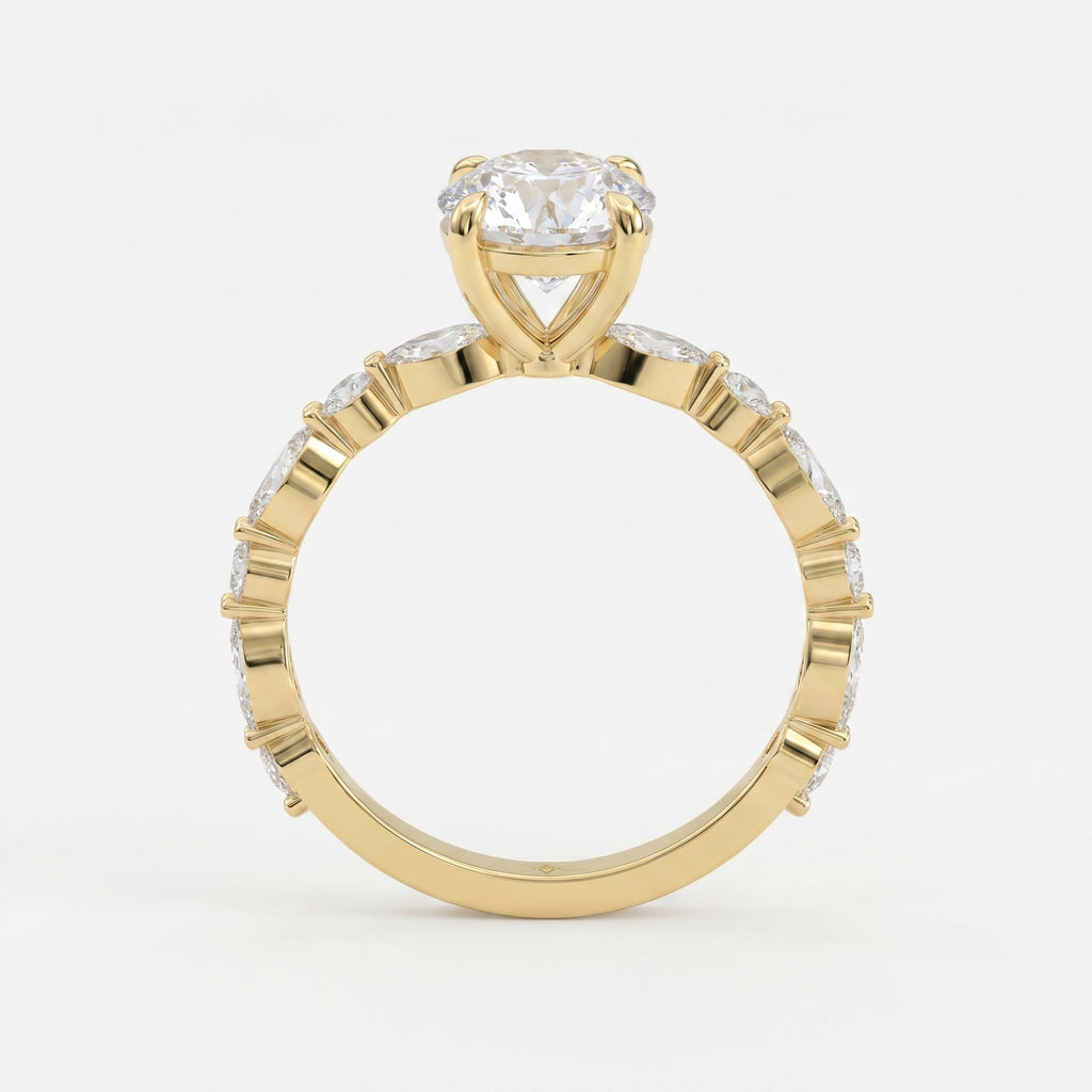 Elegant Round Prong Set Diamond Ring with Marquise Accents Side Stone Engagement Ring