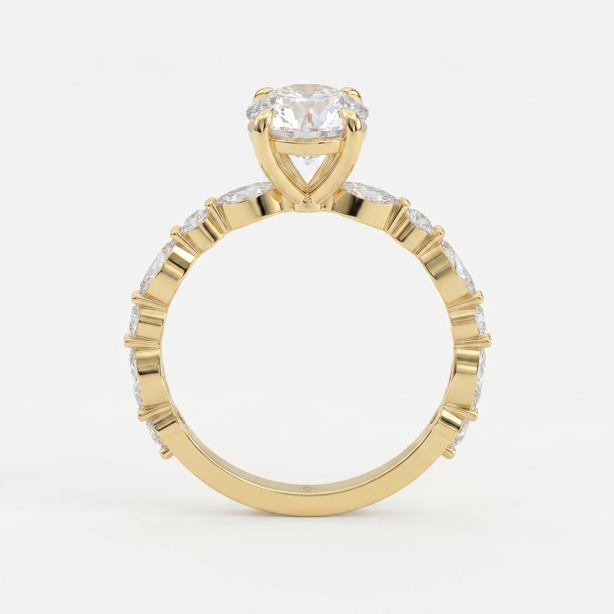 Elegant Round Prong Set Diamond Ring with Marquise Accents Side Stone Engagement Ring
