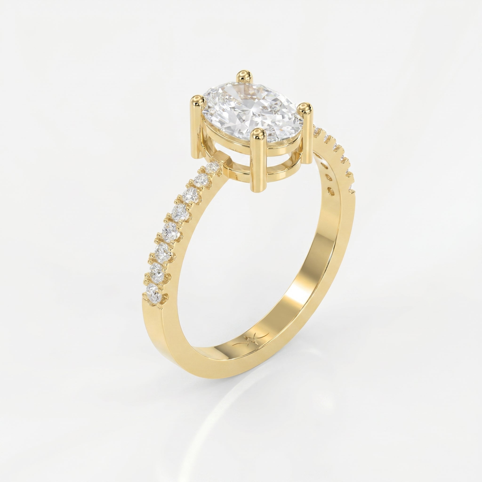 Oval Cut Diamond Side Stone Engagement Ring with Pavé Band