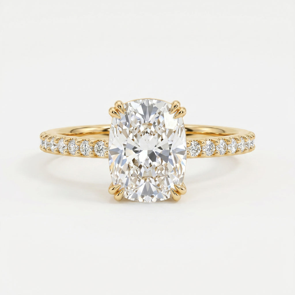 Cushion Cut Diamond Pave Side Stone Engagement Ring