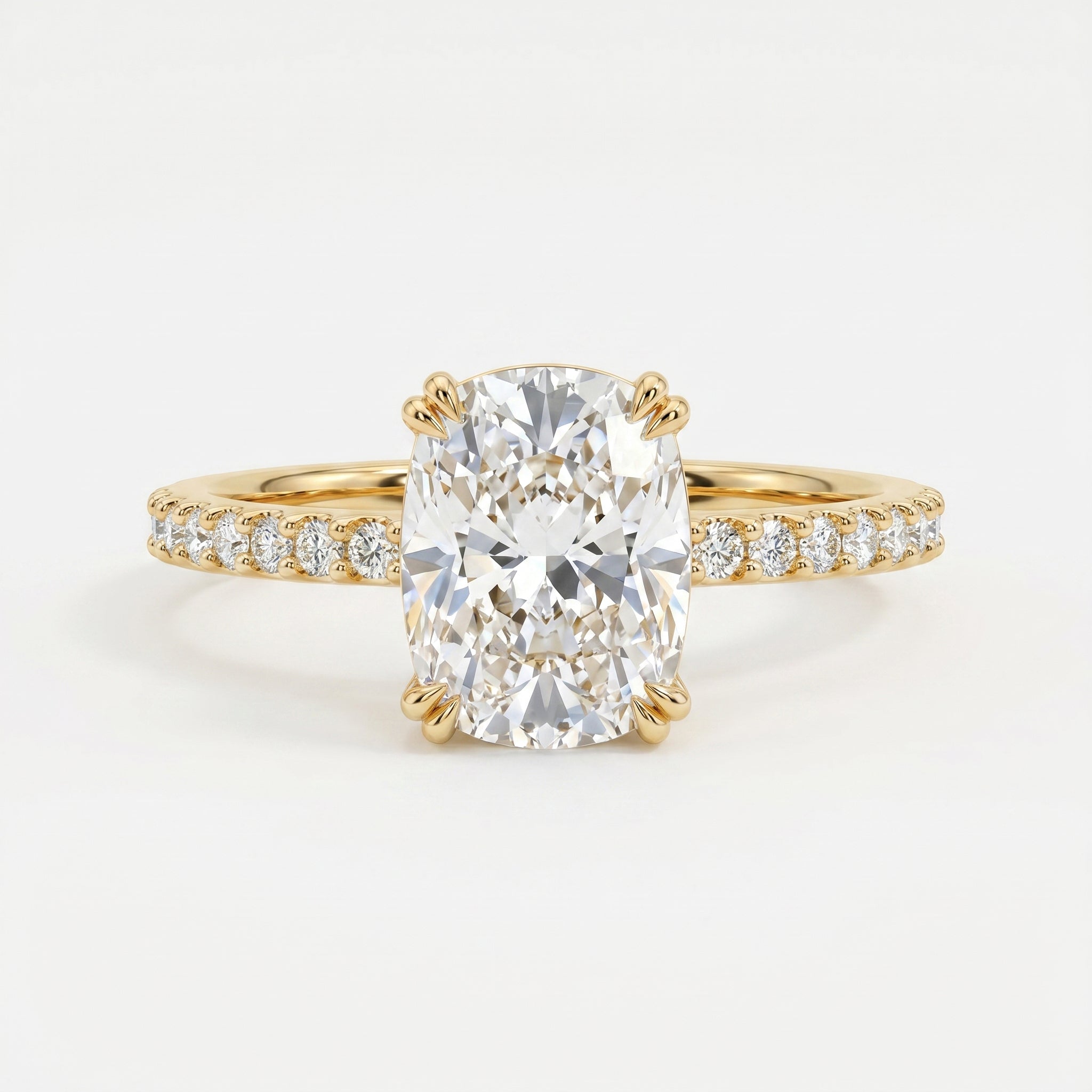 Cushion Cut Diamond Pave Side Stone Engagement Ring