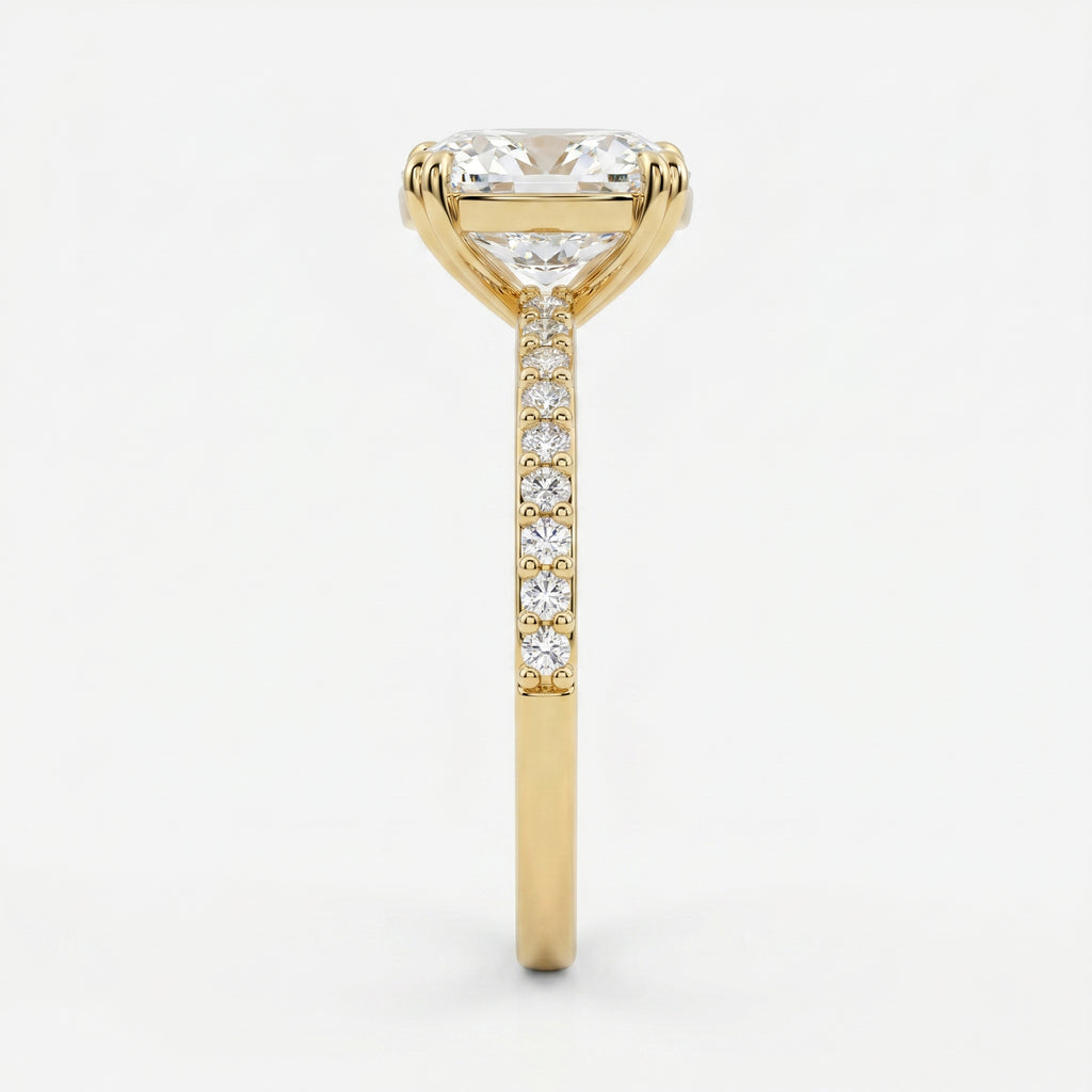 Cushion Cut Diamond Pave Side Stone Engagement Ring