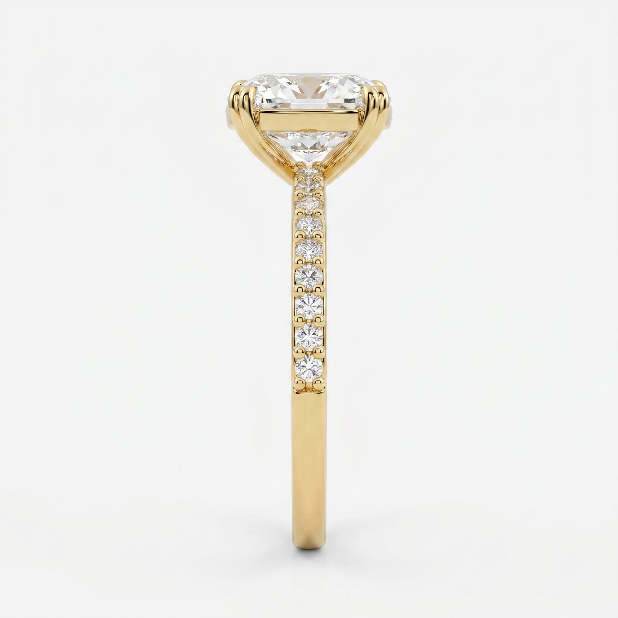 Cushion Cut Diamond Pave Side Stone Engagement Ring
