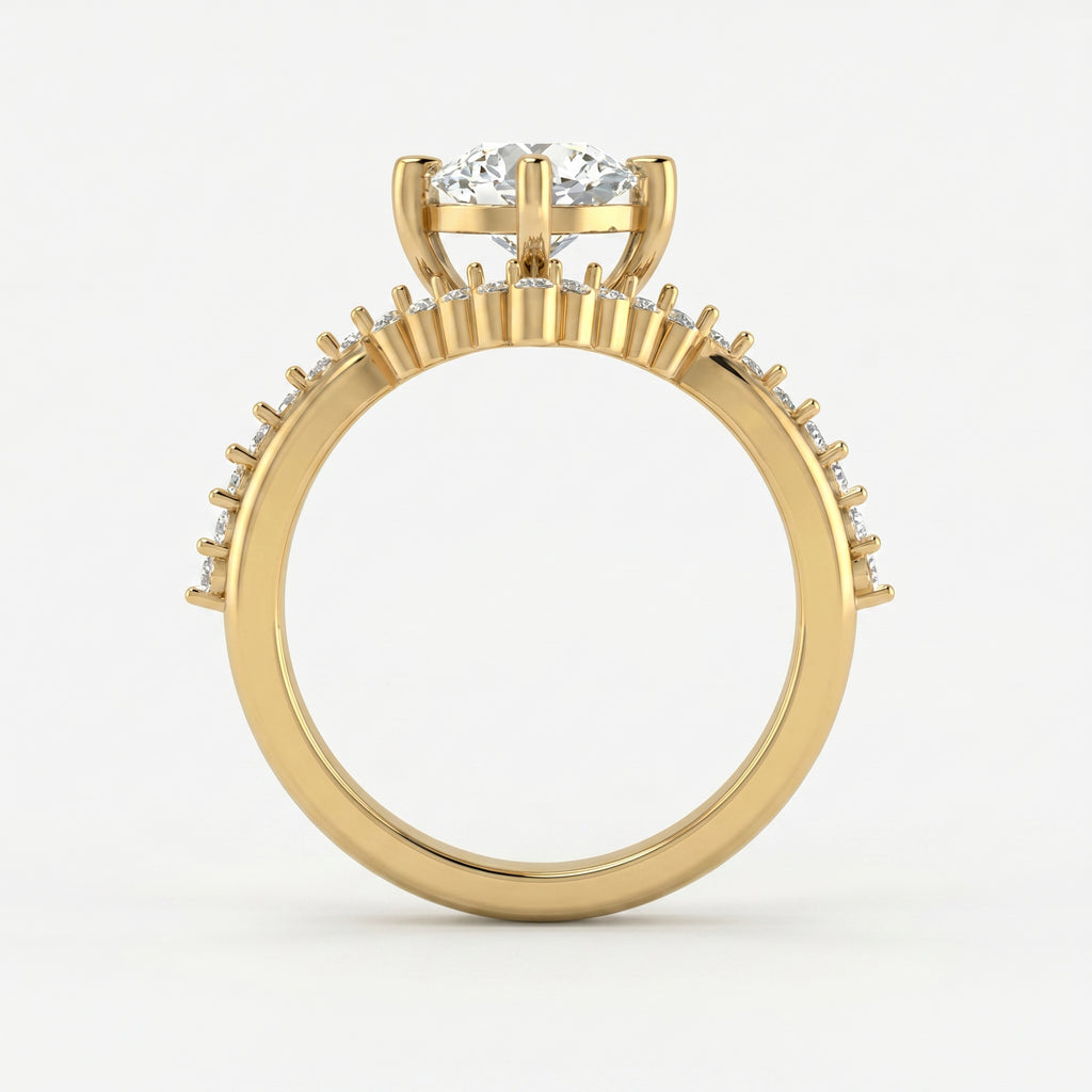 Round Cut Diamond Split Shank Chevron Pave Side Stone Engagement Ring