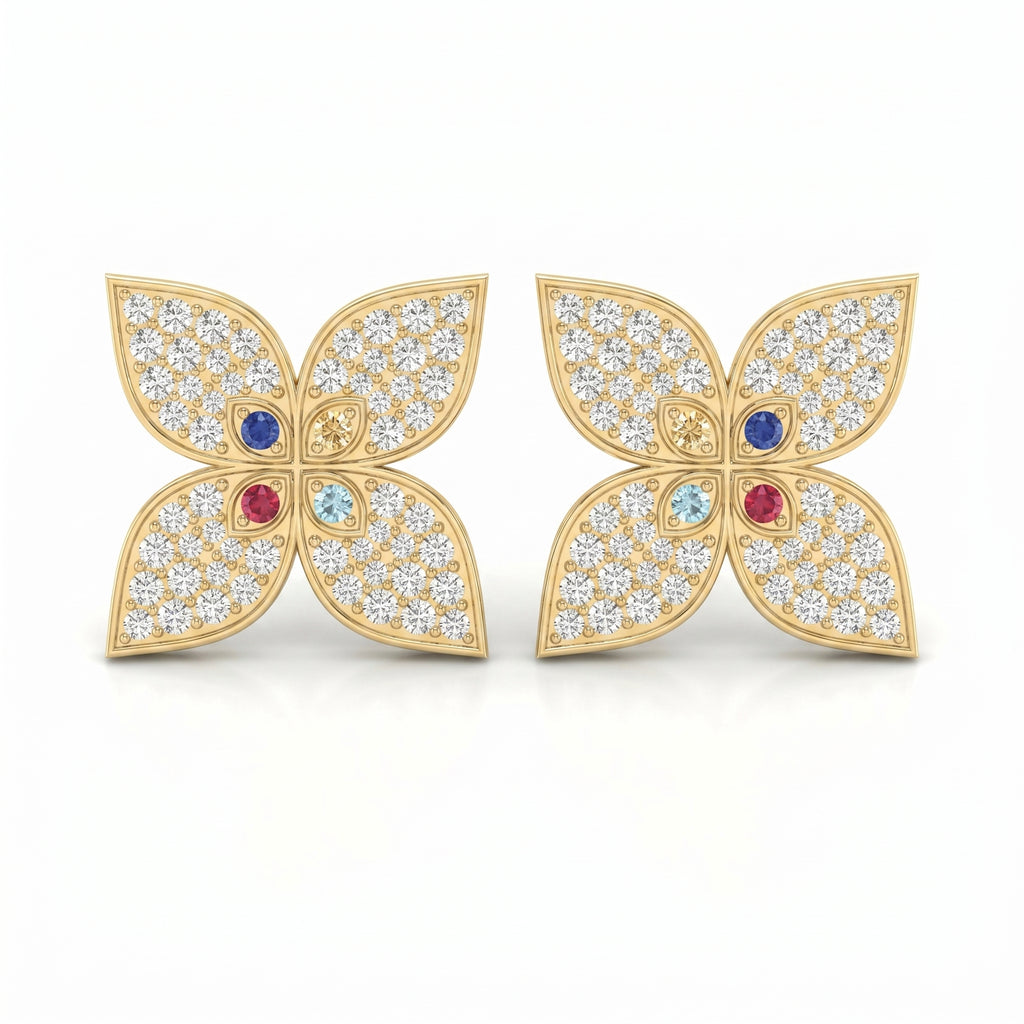 Butterfly Round Diamond with Multicolor Gemstones Stud Fashion Earrings