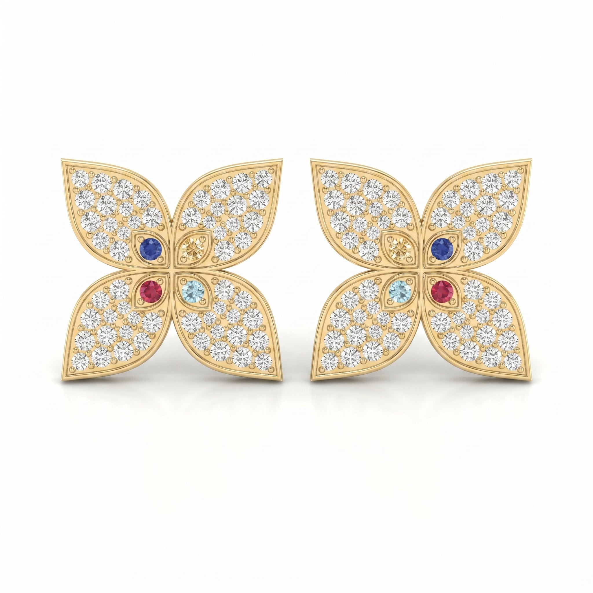 Butterfly Round Diamond with Multicolor Gemstones Stud Fashion Earrings
