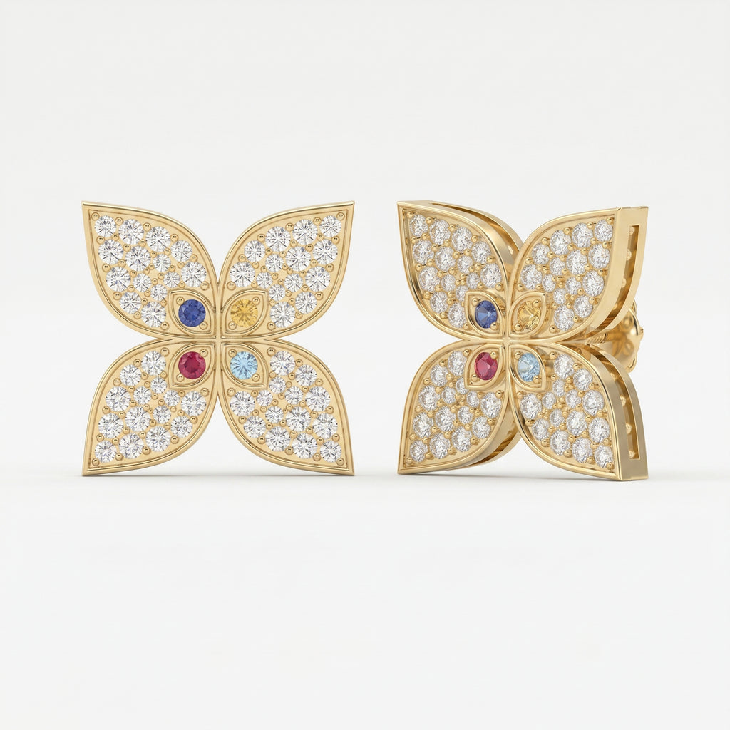 Butterfly Round Diamond with Multicolor Gemstones Stud Fashion Earrings