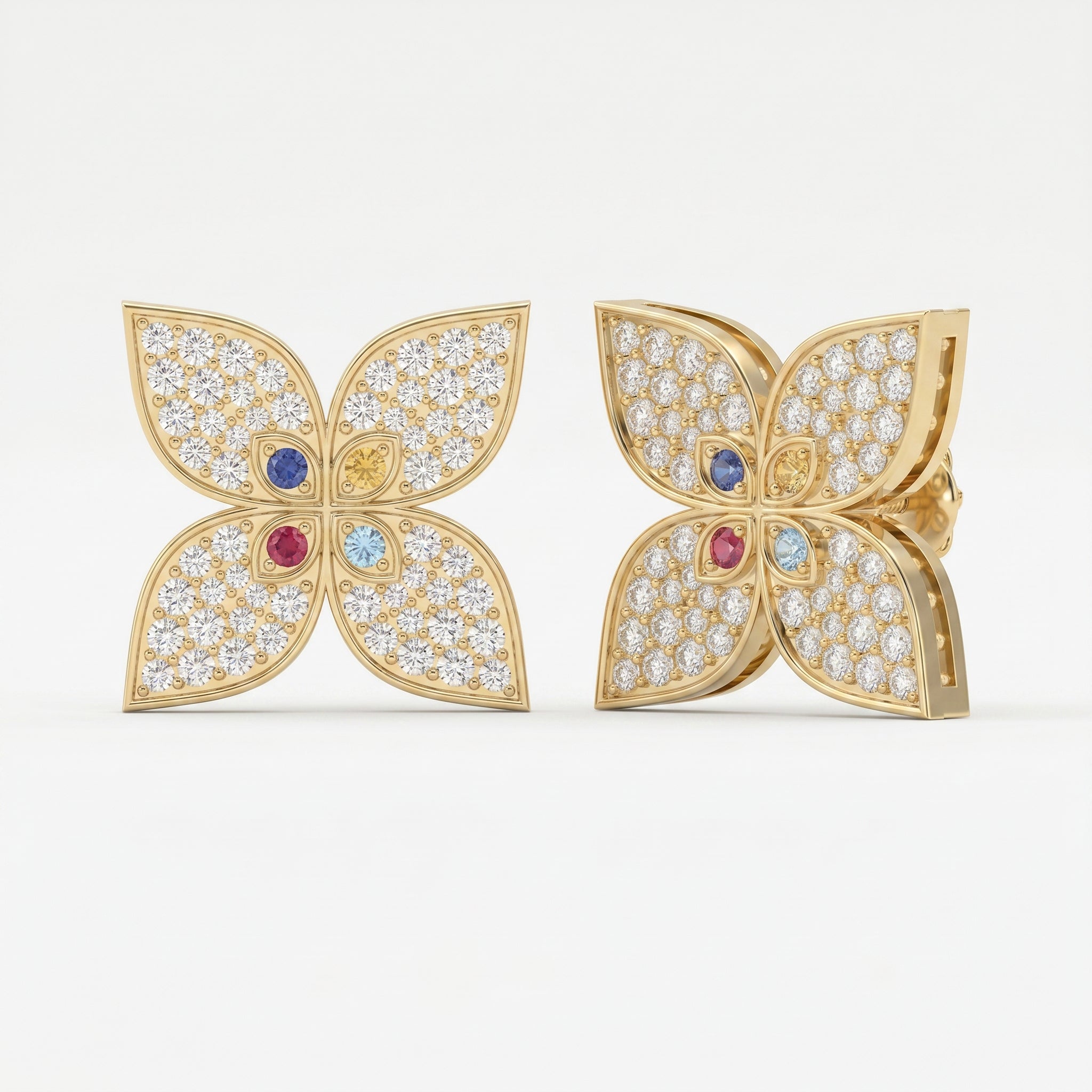 Butterfly Round Diamond with Multicolor Gemstones Stud Fashion Earrings