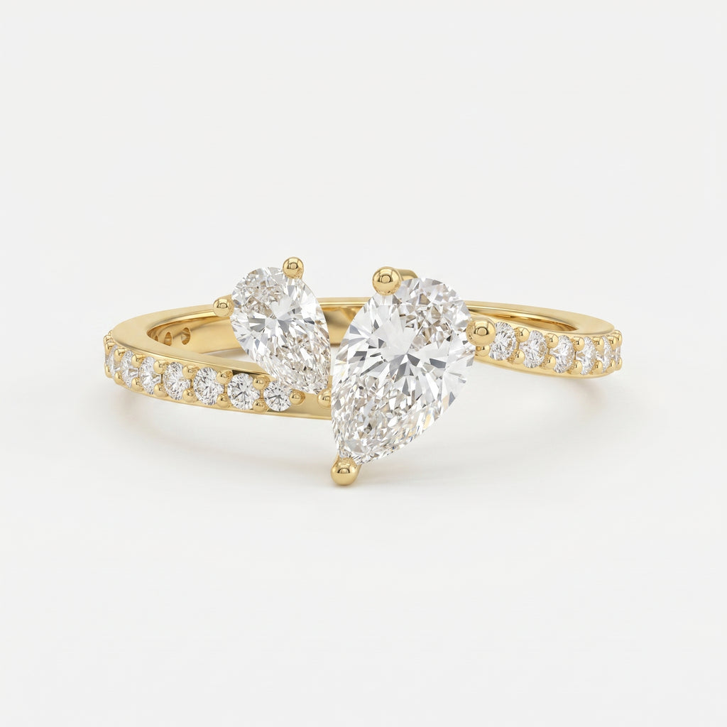Two-Stone Pear Shaped Diamond Bypass Side Stone Engagement Ring 