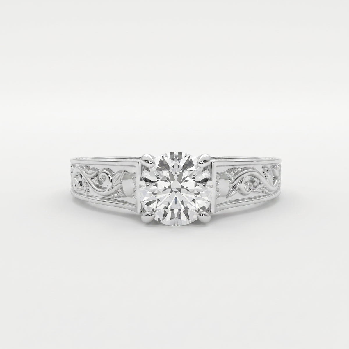 Vintage Floral Engraved Round Cut Diamond Engagement Ring