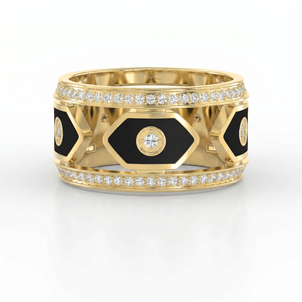 Wide Round Diamond Band with Black Enamel Ring