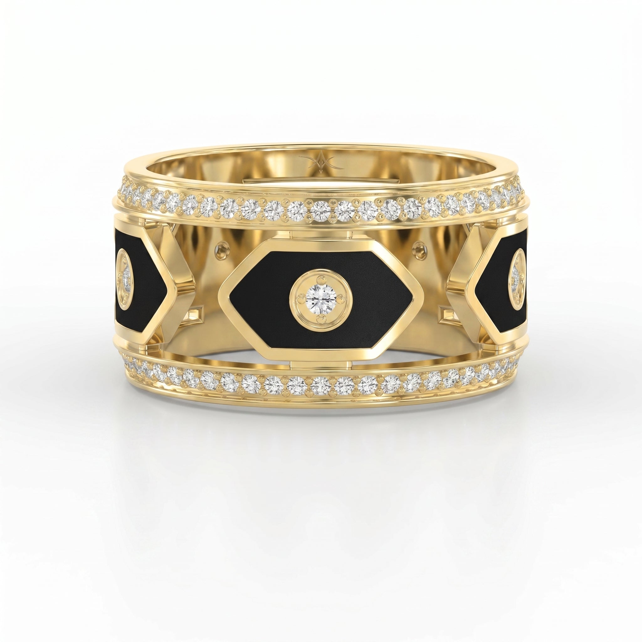 Wide Round Diamond Band with Black Enamel Ring