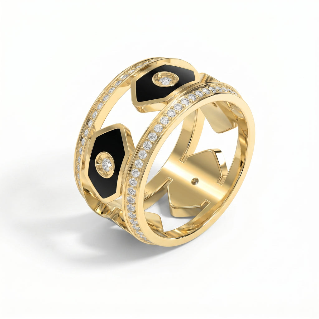 Wide Round Diamond Band with Black Enamel Ring