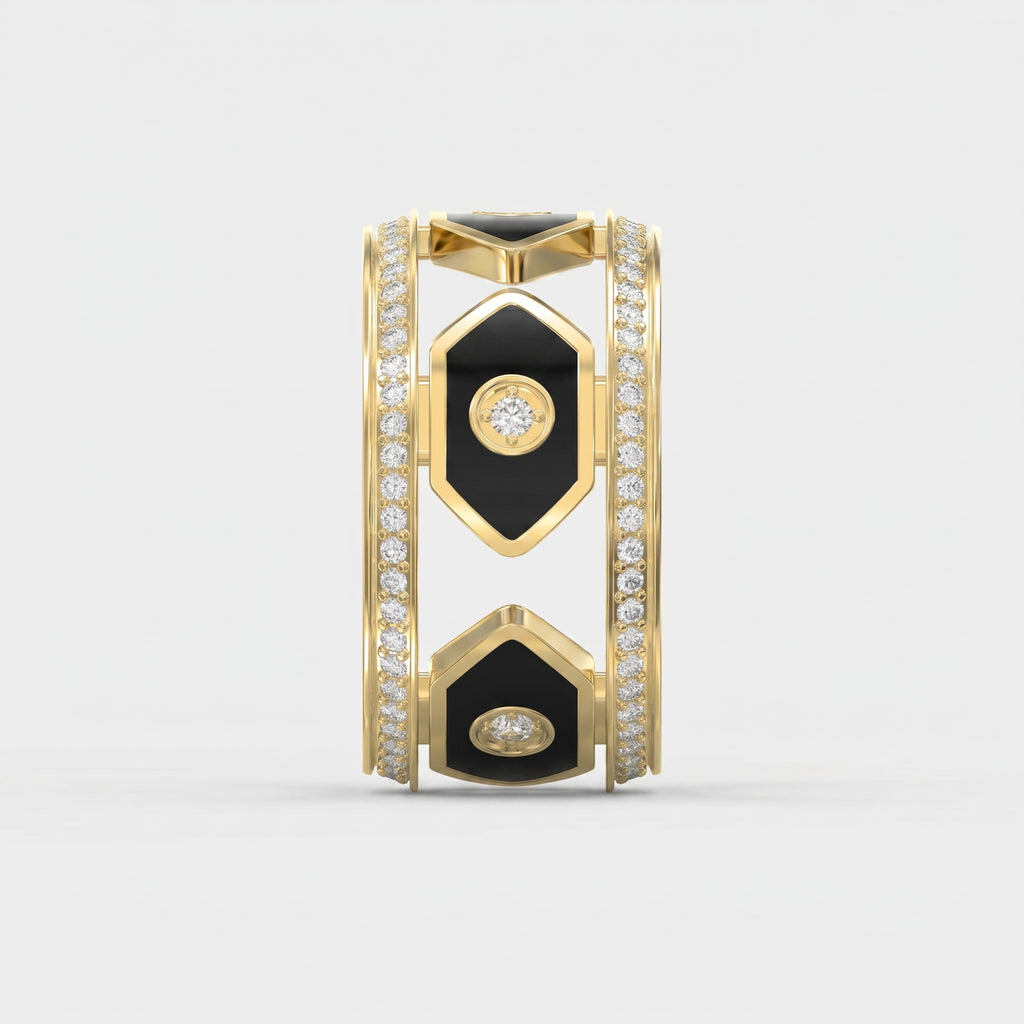 Wide Round Diamond Band with Black Enamel Ring
