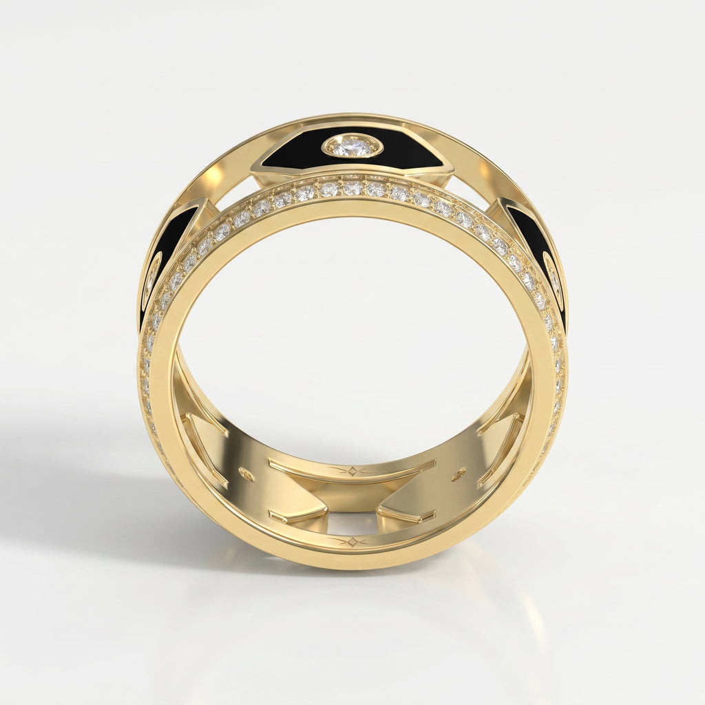 Wide Round Diamond Band with Black Enamel Ring