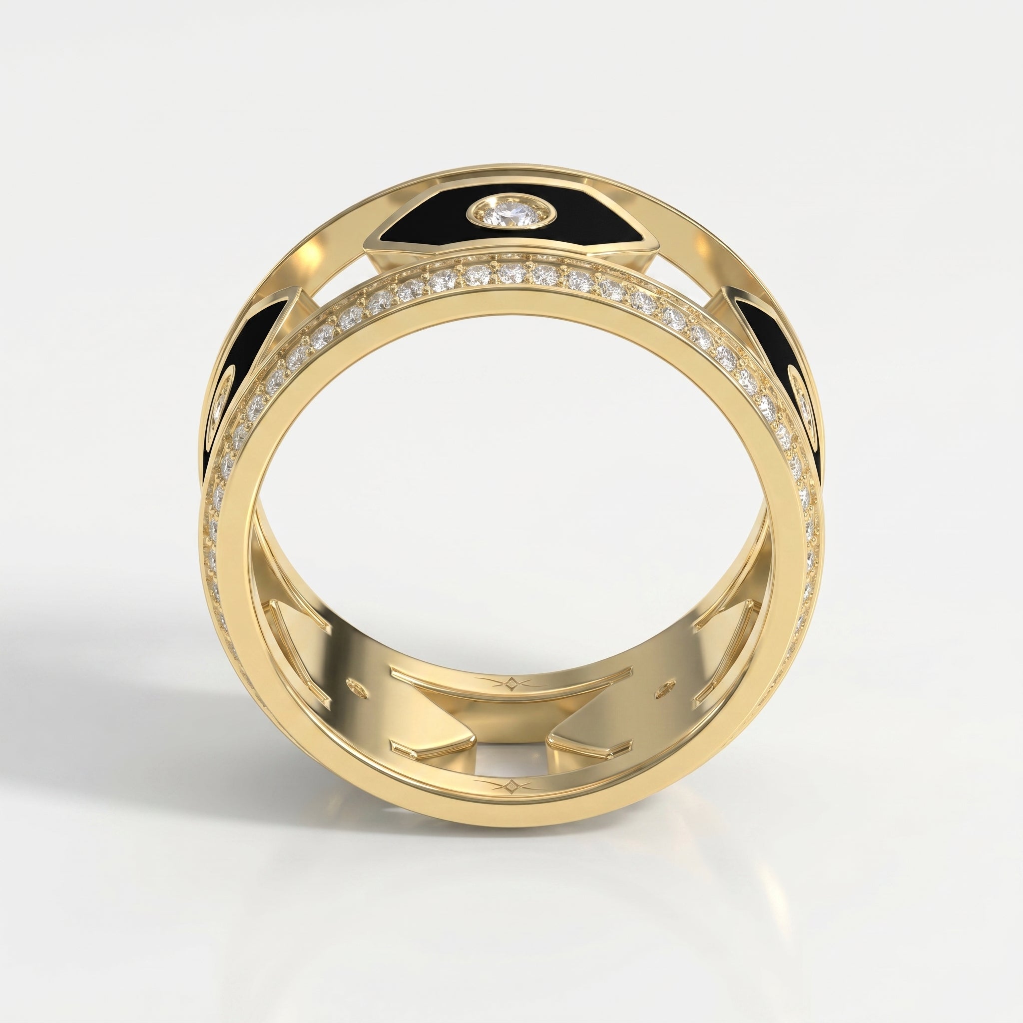 Wide Round Diamond Band with Black Enamel Ring