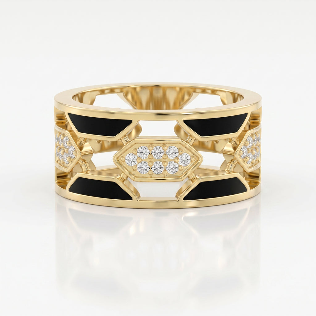 Geometric Cluster Design with Black Enamel Diamond Band