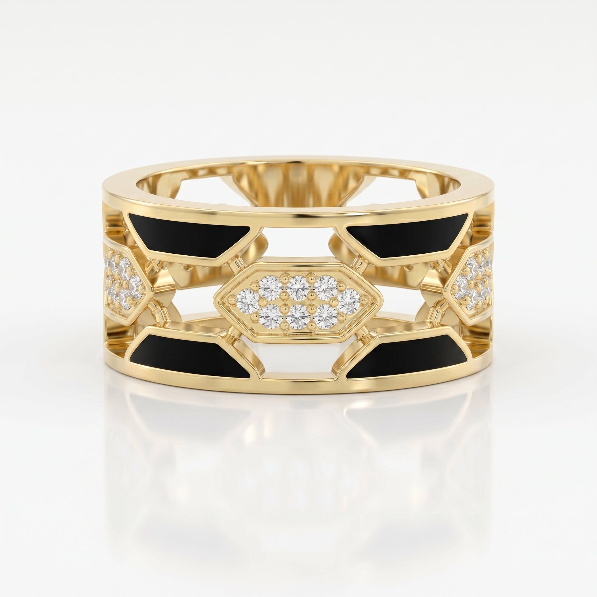 Geometric Cluster Design with Black Enamel Diamond Band