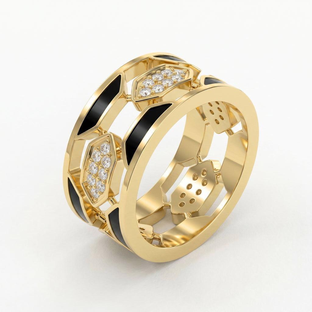 Geometric Cluster Design with Black Enamel Diamond Band