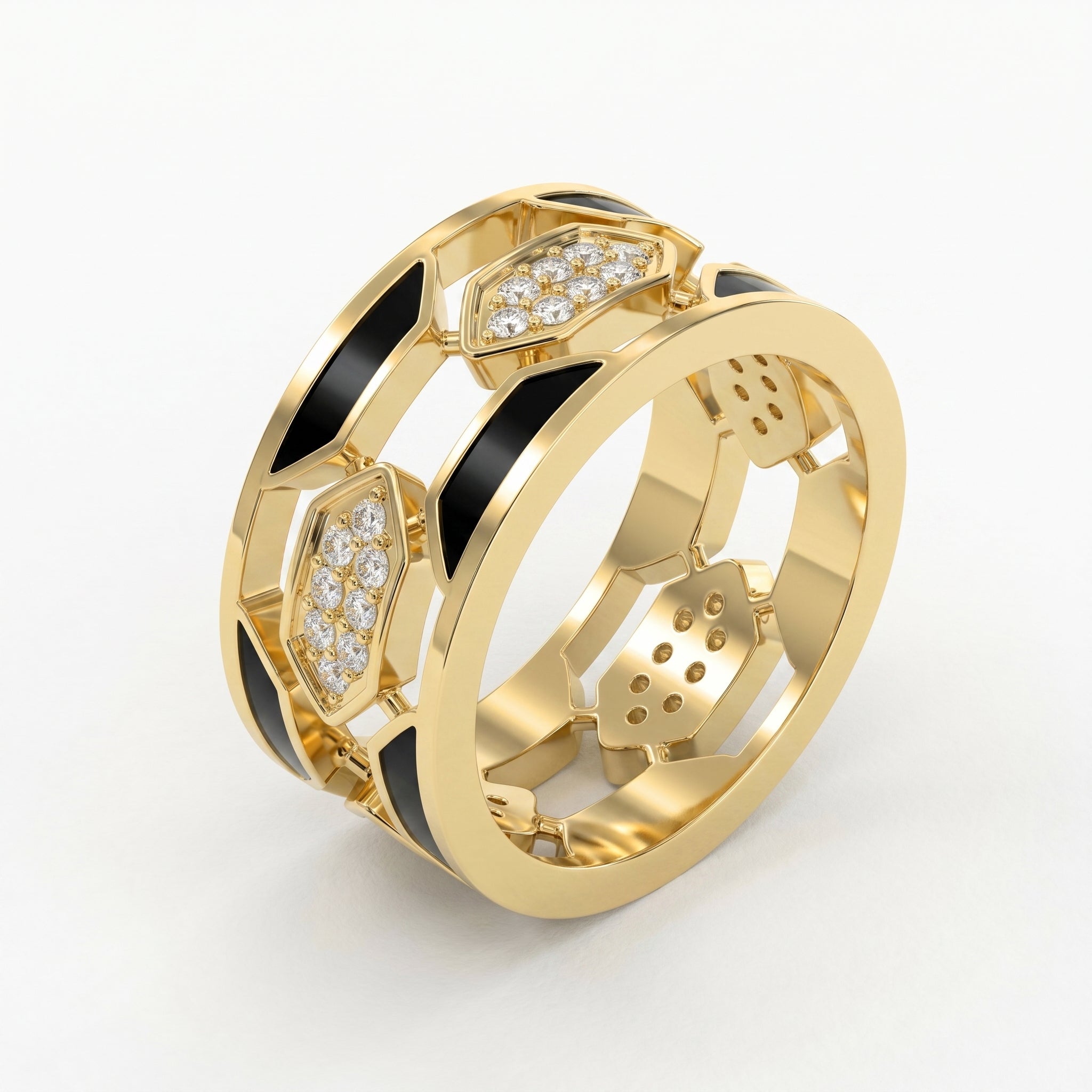 Geometric Cluster Design with Black Enamel Diamond Band